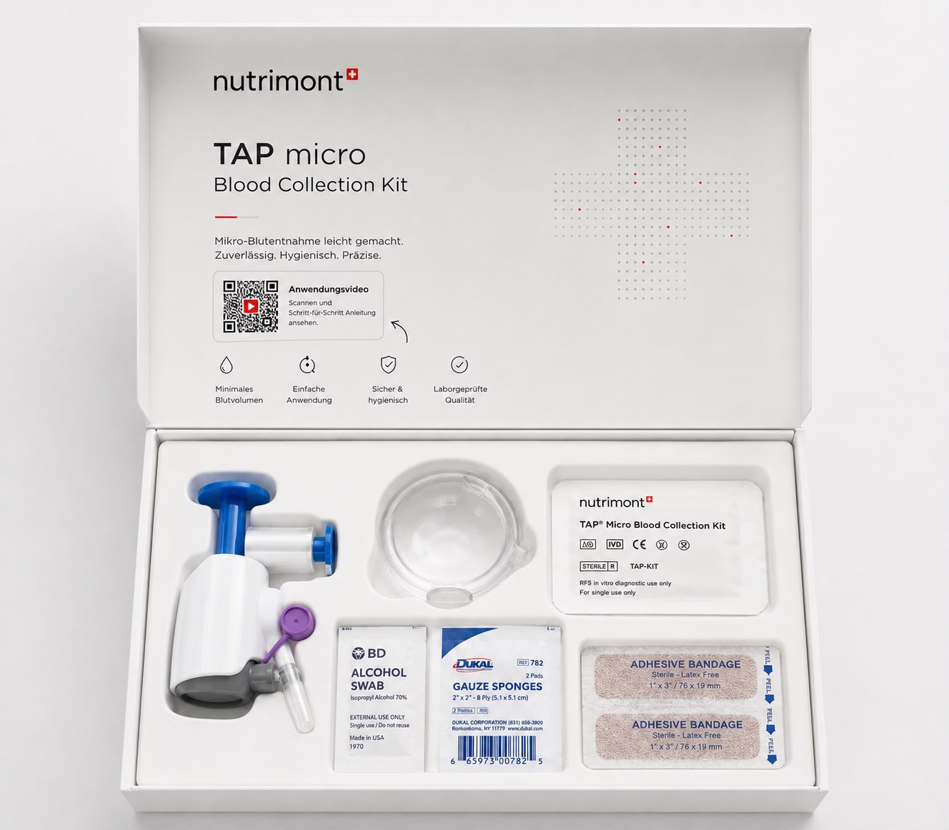 Geöffnetes nutrimont TAP-Micro-Blutentnahme-Kit mit allen enthaltenen Materialien